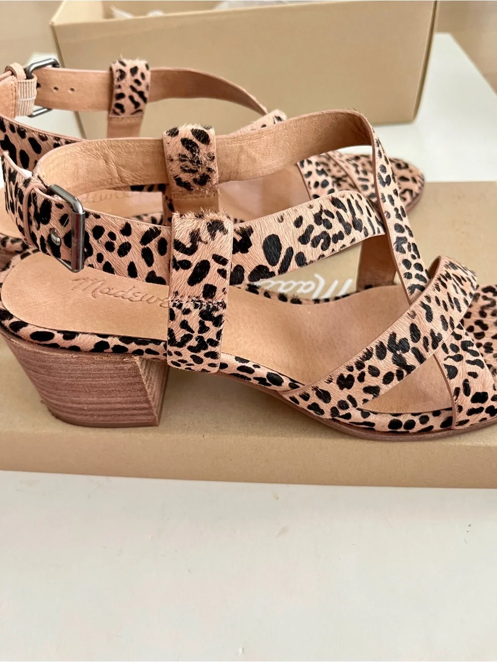 Madewell Wisteria Dove cheeta Strappy Block Heel Sandals Tan/Black Womens 9.5